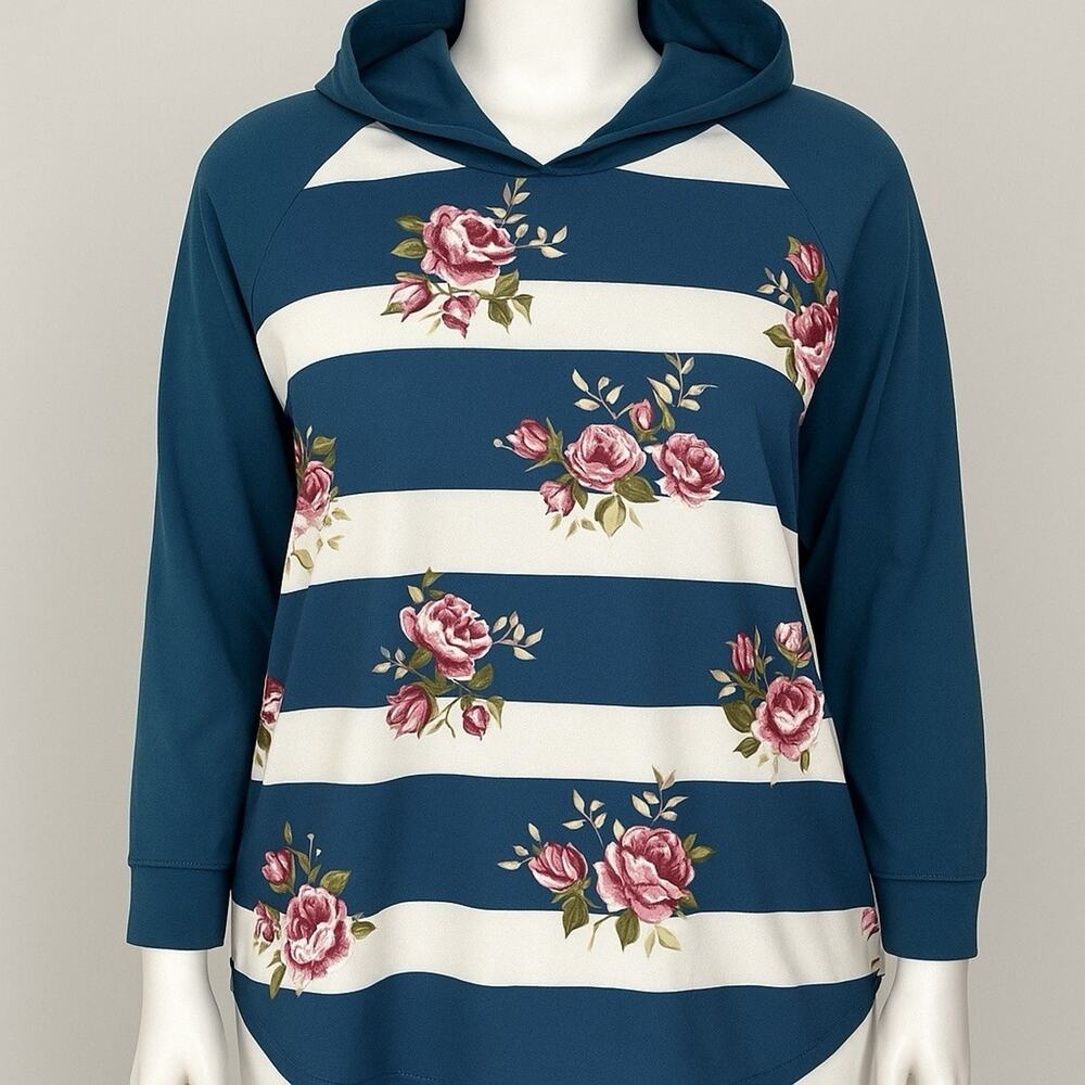 Emerald 2X Plus Women’s Hoodie Tunic Top Floral Striped Long Sleeve Casual USA